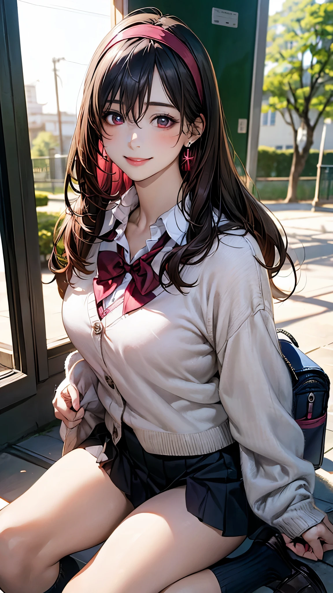 (masterpiece:1.2, highest quality), (realistic photo:1.4), beautiful illustrations, (natural side lighting, movie lighting),
looking at the viewer, 1 girl, japanese, high school girl, perfect face, cute symmetrical face, shiny skin, ,
(long hair, straight hair, black hair), hair between eyes, maroon eye idol chest, seductive thighs, big ass), earrings, break (dark red hairband, dark red flat bow tie), break
beautiful hair, beautiful face, detailed and beautiful eyes, beautiful clavicle, beautiful body, beautiful breasts, beautiful thighs, beautiful feet, beautiful fingers, slender,
(white collared shirt, long sleeve pink knit cardigan, black pleated mini skirt), break navy school bag, break white socks,
(beautiful scenery), evening, (school yard:1.2), (pigeon toed), (lovely smile, upper eye),