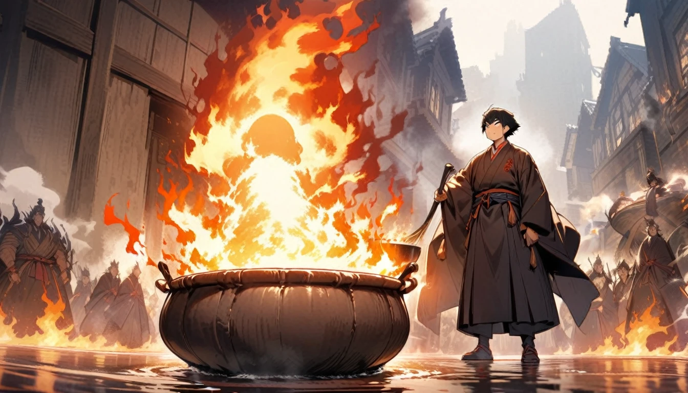 A scene of a giant cauldron engulfed in flames。Ishikawa Goemon is standing in the pot.、While steam rises、His face shows an indomitable spirit.。A blazing fire is reflected in the background.。