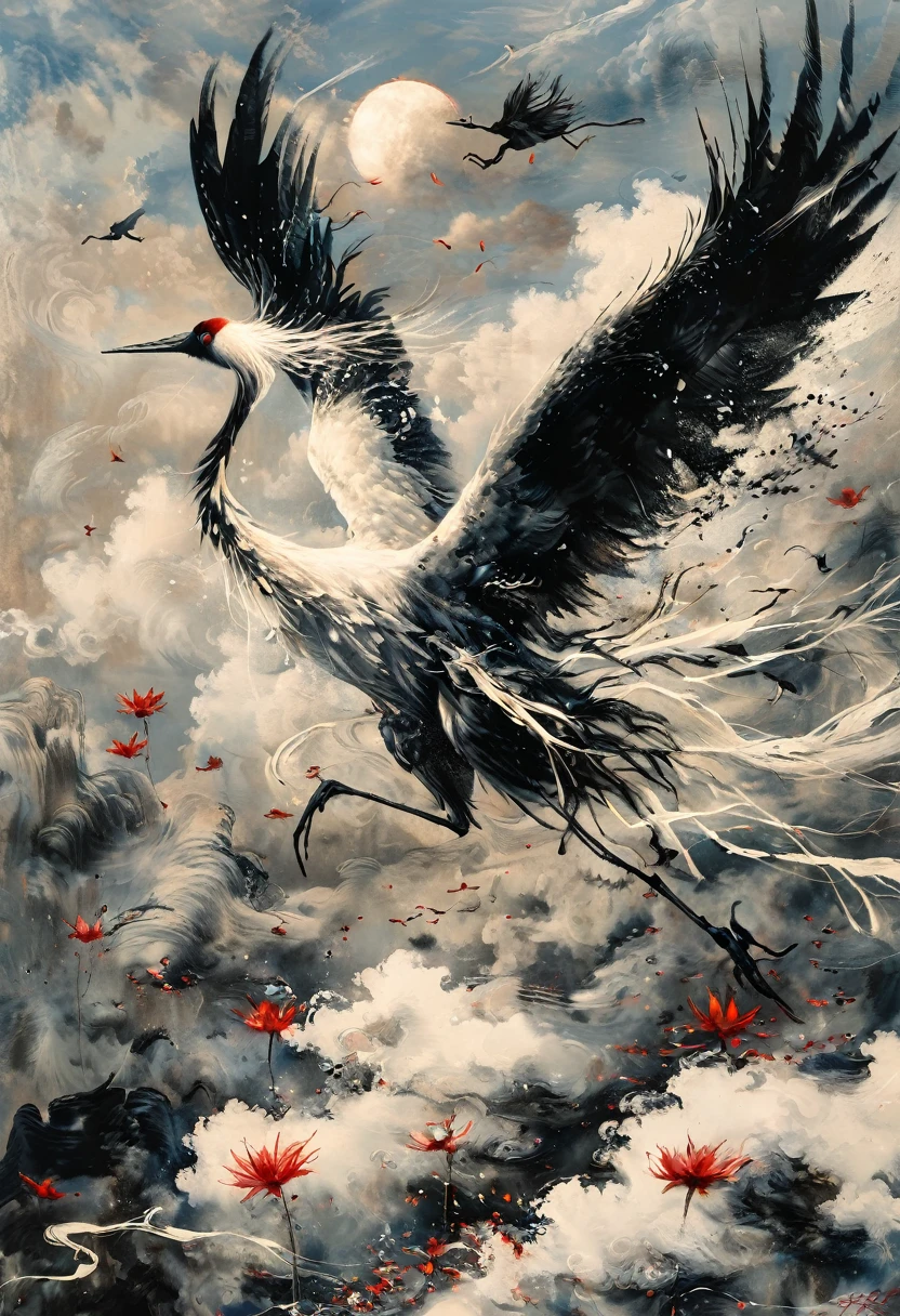 Ink, Crane, cloud, wing, I am, outdoors, feathered wing, sky, petal,oil paint
