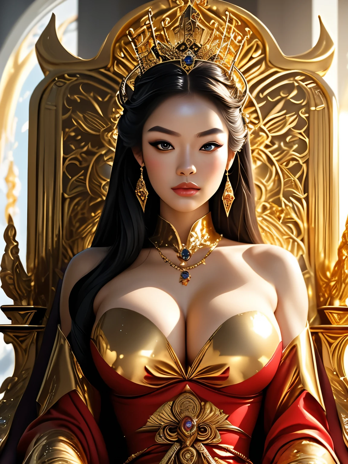 Best quality, masterpiece, detail, intricate detail, realistic ,1woman,yujie, upper body,(fantasy art: 1.6), (seiza: 1.1), (front: 1.2), upright, royal, majestic, queen, (huge and golden throne: 1.4), crown, close-up front, solemn, throne, upright posture, seriousness, dignity, gaze ahead, contemplation, jewelry, solo, divine ray, 1 woman, (gold and red dress), golden palace,