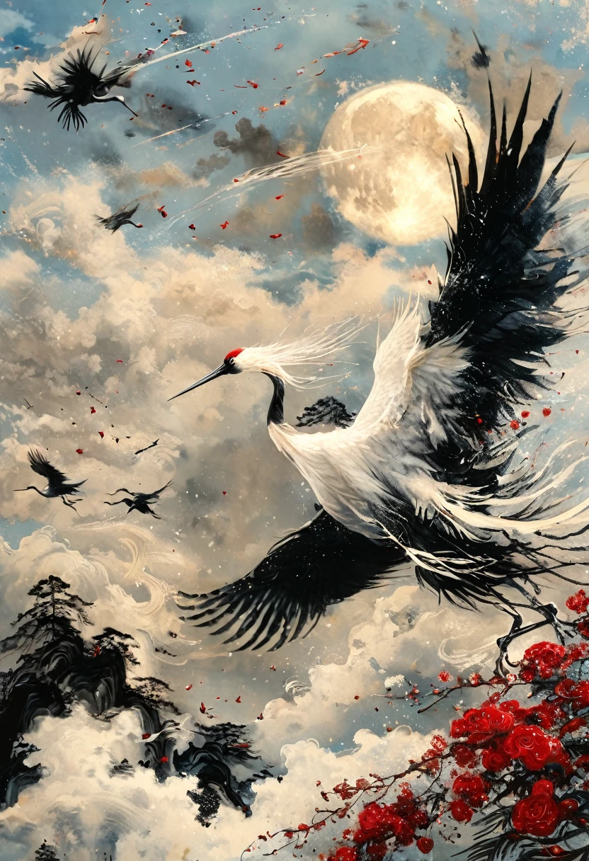 Ink, Crane, cloud, wing, I am, outdoors, feathered wing, sky, petal,oil paint
