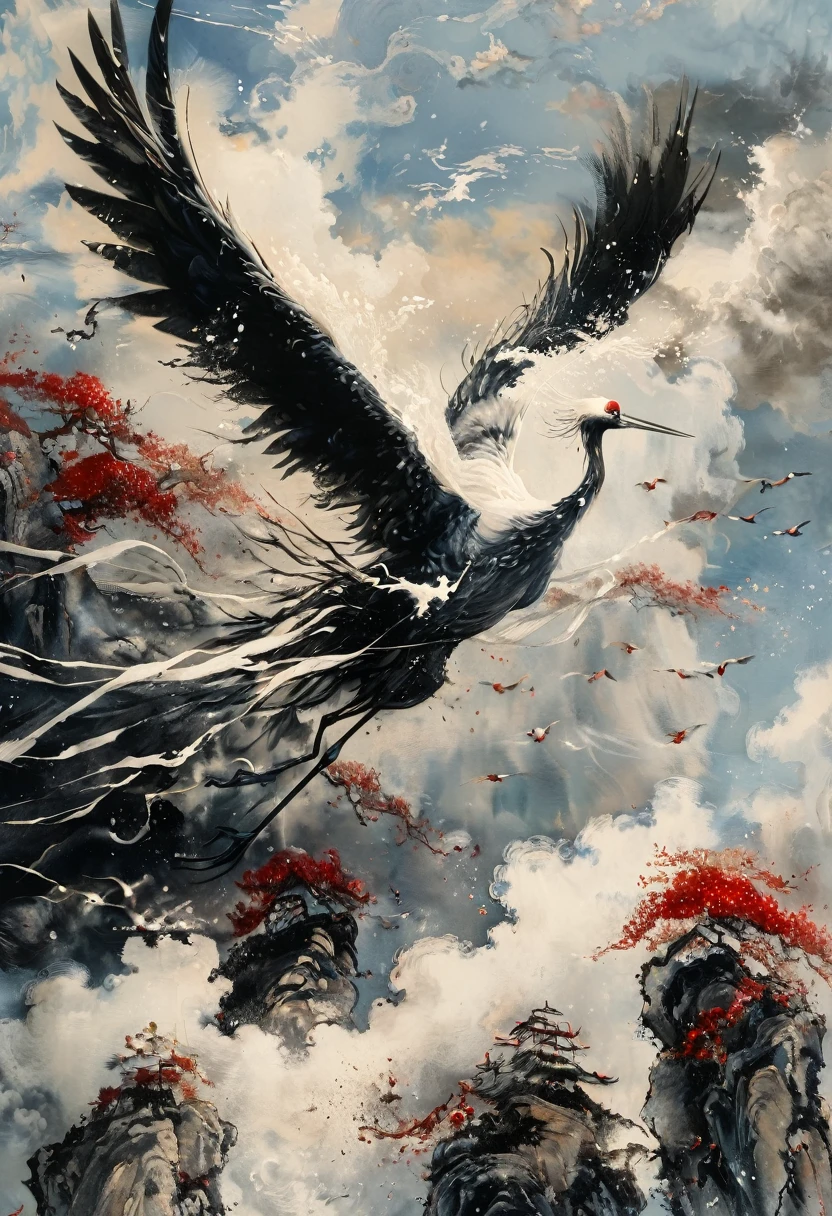 Ink, Crane, cloud, wing, I am, outdoors, feathered wing, sky, petal,oil paint