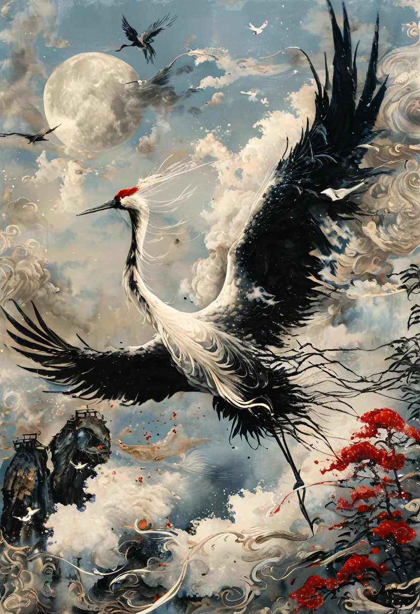 Ink, Crane, cloud, wing, I am, outdoors, feathered wing, sky, petal,oil paint
