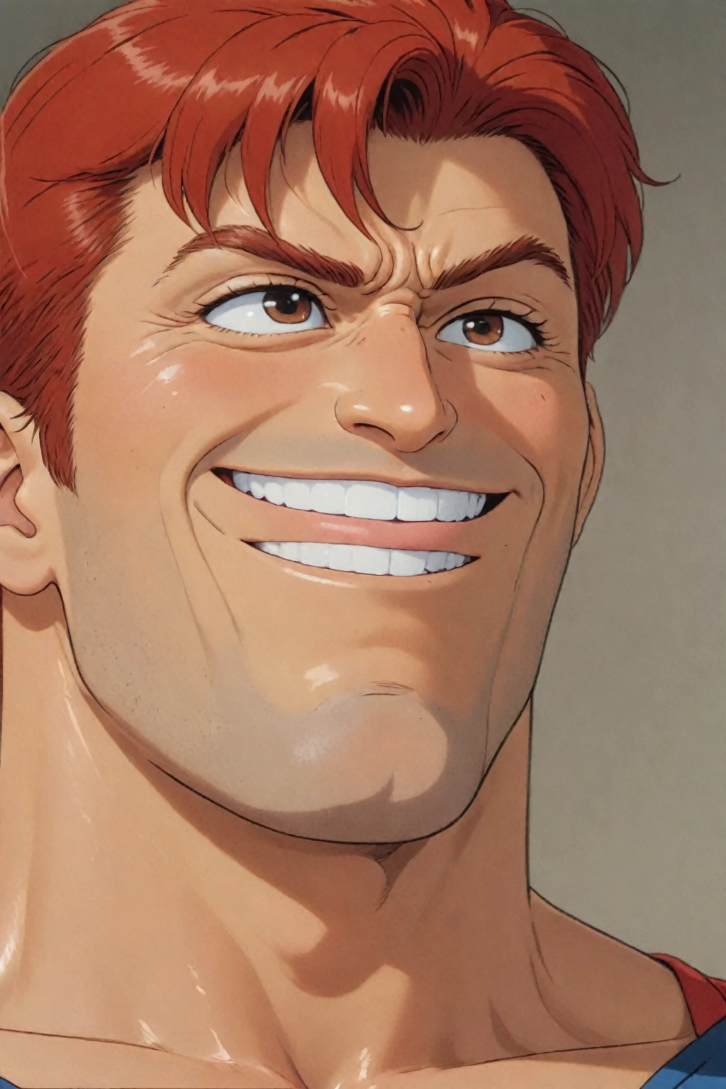 a cartoon picture of "Kazuma Kuwabara" from "Yu Yu Hakusho", inspired by Adam Dario Keel, reddit, mingei, a man smiling into the camera, low quality footage, vhs screencap, ( ( extreme detail ) ), meme, sheen, full body shot close up, boomhauer, thicc, tf 2, full body close-up shot, heavy outlines, face shown