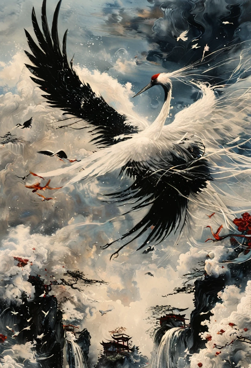 Ink, Crane, cloud, wing, I am, outdoors, feathered wing, sky, petal,oil paint