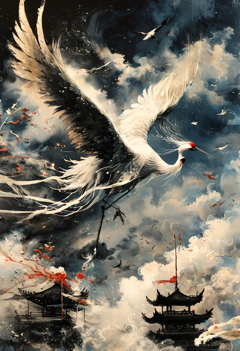 Ink, Crane, cloud, wing, I am, outdoors, feathered wing, sky, petal,oil paint
