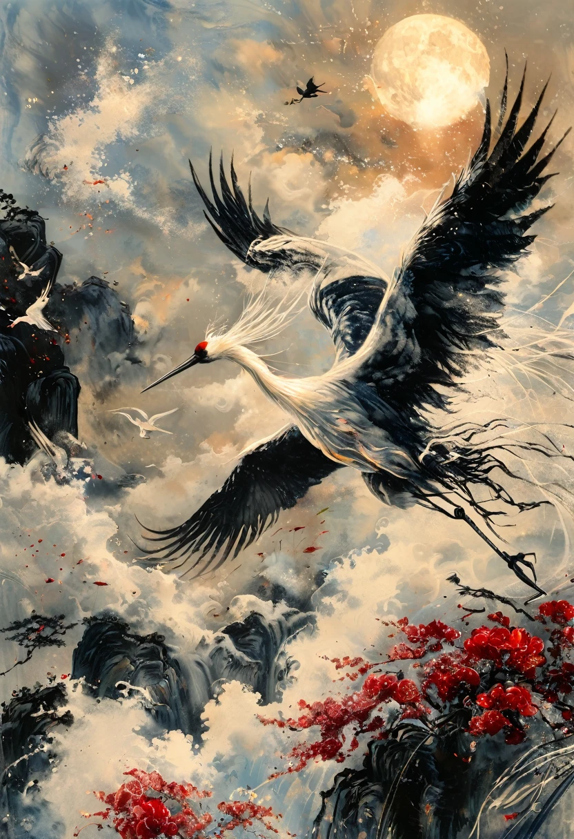 Ink, Crane, cloud, wing, I am, outdoors, feathered wing, sky, petal,oil paint
