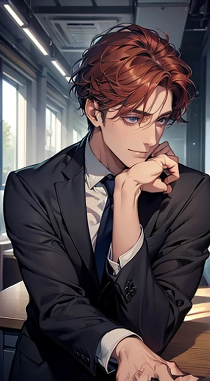(Highest quality,4K,8K,High resolution,masterpiece:1.2),Super detailed,(Realistic,photoRealistic,photo-Realistic:1.37),1 person,31 years old,Mature Man,Beautiful skin、Profile、very handsome,Expressionless,smile,Short gray red hair,blue eyes,Sharp Eyes,A perfect face without a doubt,Businessman,Office Background,Cinema Lighting,HDR image,tie.