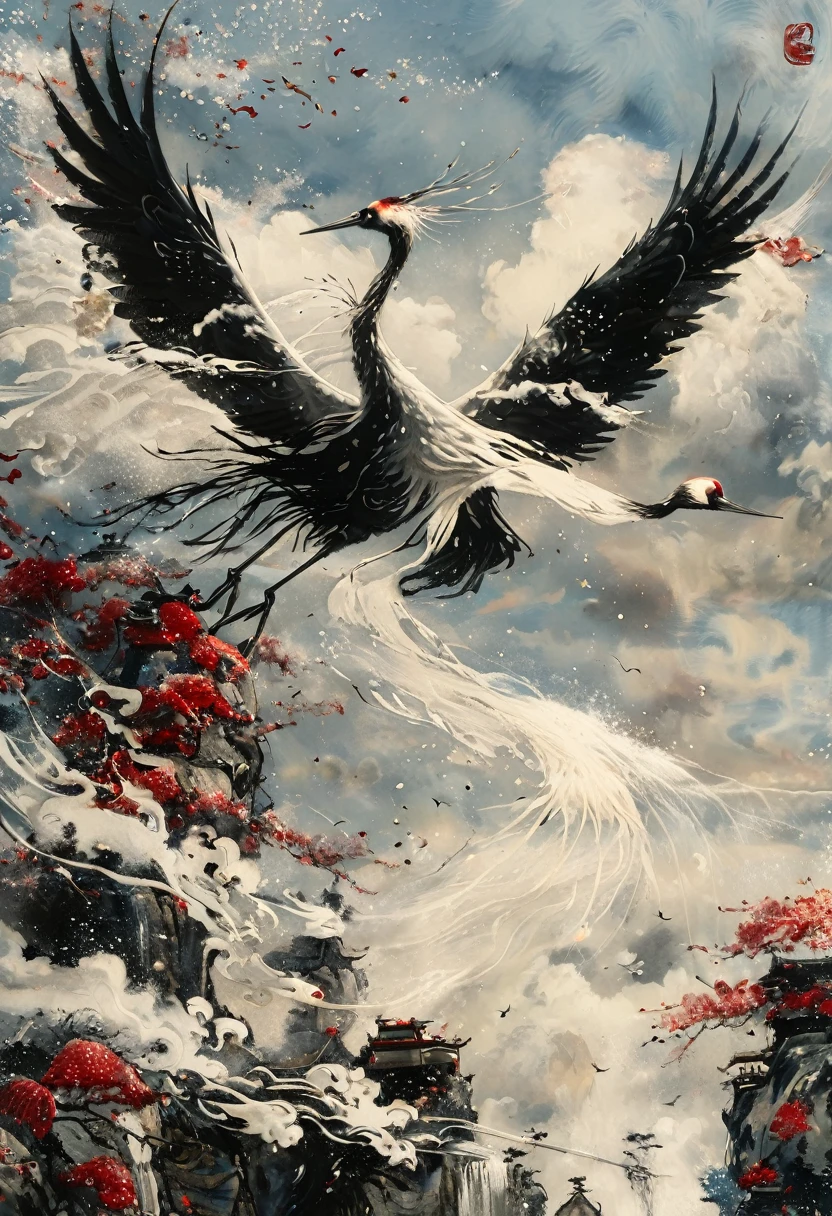 Ink, Crane, cloud, wing, I am, outdoors, feathered wing, sky, petal,oil paint
