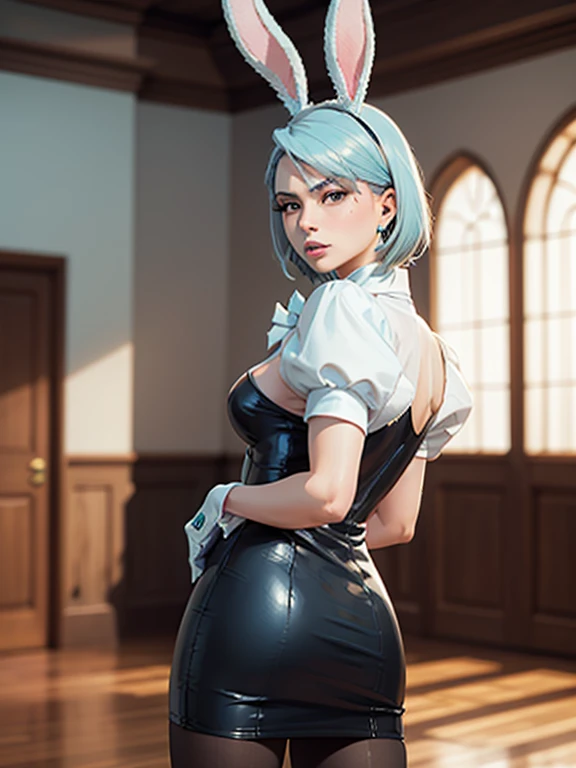 Beautiful woman is shown to have a athletic figure, she is wearing a beautiful nsfw dress, (aafranziska, light blue hair:1.5), ascot, puffy sleeves, pencil skirt, pantyhose, black gloves, jewelry, earrings, (black bunny ears:1.4), black lips, disappointed, girl standing in a gala ballroom, sexy session, (arms behind back:1.4), exposed cleavage, pregnant, cowboy shot, superior quality, many details, realistic