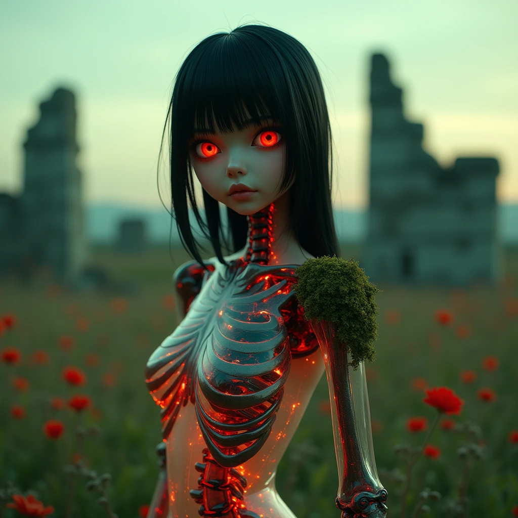 1girl, 20yo、black hair, red eyes, skeleton body, Vinyl Translucent dress、Bones visible, moss on body、robot joints:1.3、evening、red light、Ruins, flower field, high-resolution image, leotard, see-through,android, joints, robot joints, dynamic pose、fisheye lens、green sky、foot focuASTERPIECE, BEST QUALITY, HIGH QUALITY, HIGHRES, ABSURDRES, PERFECT COMPOSITION, INTRICATE DETAILS, ULTRA-DETAILED, PERFECT FACE, PERFECT EYES, NEWEST, AESTHETIC,