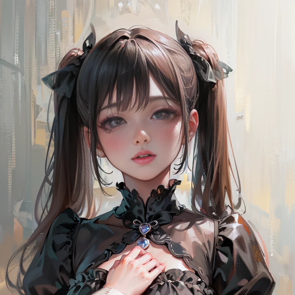 (8k, RAW Photos, Very delicate and beautiful, Ultra-high resolution, Highest quality, masterpiece: 1.2), (Real、Photorealistic: 1.4), (Highly detailed 8K wallpapers, 3d), Cute girl like a doll, highly detailed dress, Gothic, Lolita, Big red ribbon, Highly detailed twintails, Blunt bangs, Lustrous black hair, Transparent white skin, Pink Cheeks, large, round eyes, Tear bags, Long eyelashes, Thin lips, slightly raised corners of the mouth, round face, From above, Looking at the camera, The best light, Perfect composition,

