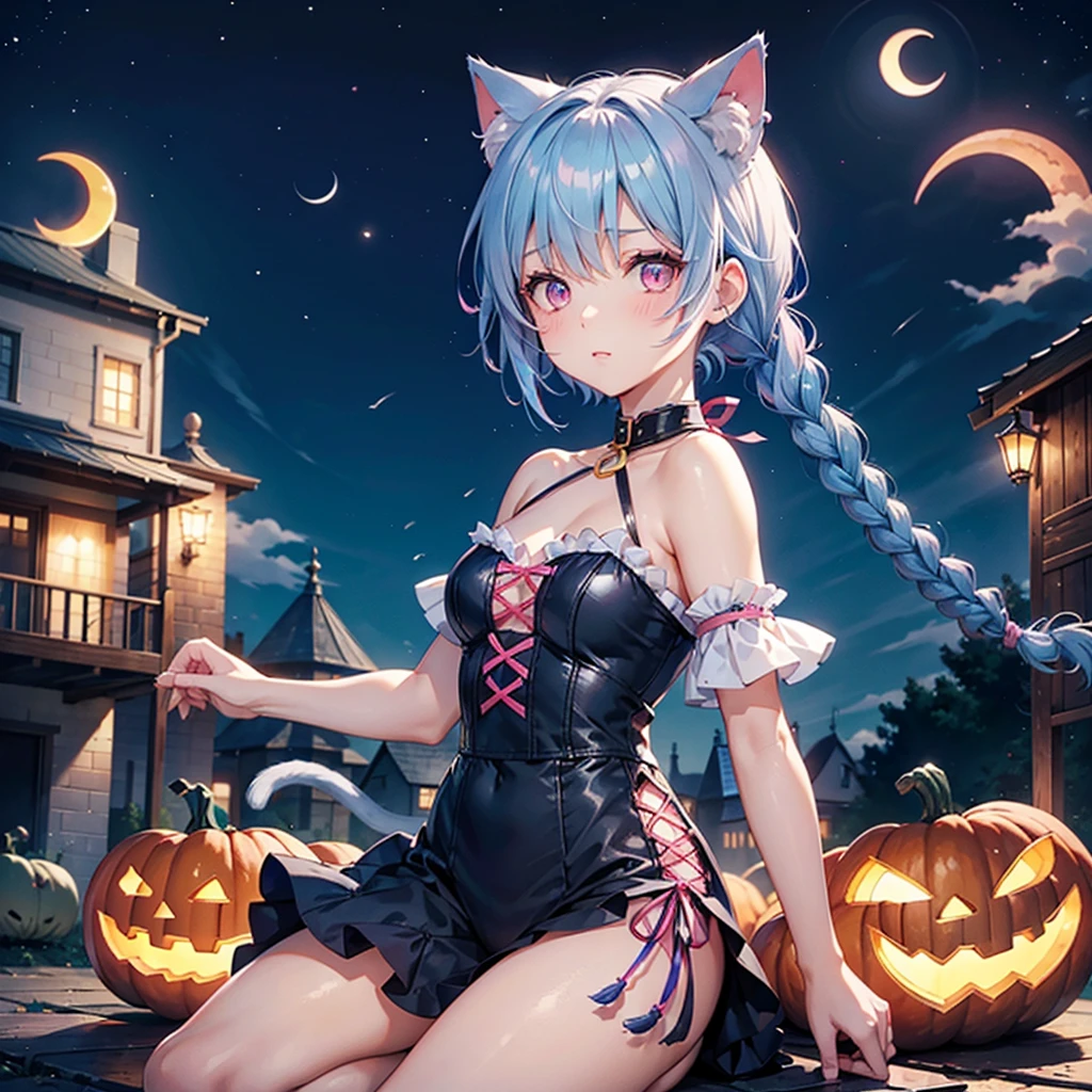 (Sky blue hair),(Braided short hair), (Pink Eyes),Fair skin) ,(whole body),(One Girl),(Crescent Moon),(There are lots of pumpkin ghosts in the background),Cat ear,Cat's Tail,(Sailor suit),(Ahegao),(Fall into Darkness),If you don't give me sweets, I'll play a prank on you.),Halloween Night Party),(masterpiece, Highest quality, Very detailed, Best Shadow), (Detailed Background), (Beautifully detailed face), High Contrast, (Best lighting, Very delicate and beautiful), ((Cinematic Light)), Hyper Detail,8k, Dramatic Light, Intricate details,night,(Bats flying in the background),Pumpkin handbag,There are sweets in the bag,