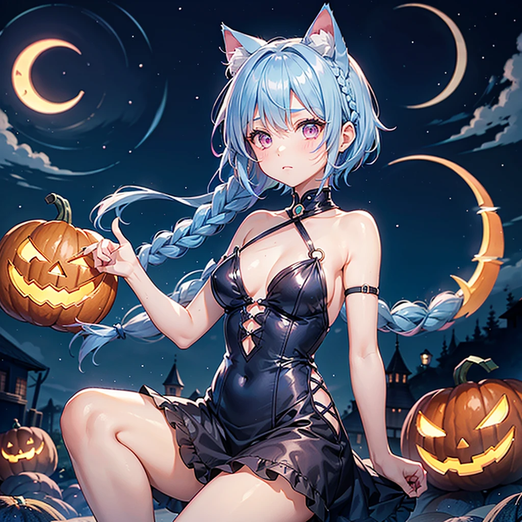 (Sky blue hair),(Braided short hair), (Pink Eyes),Fair skin) ,(whole body),(One Girl),(Crescent Moon),(There are lots of pumpkin ghosts in the background),Cat ear,Cat&#39;s Tail,(Sailor suit),(Ahegao),(Fall into Darkness),If you don't give me sweets, I'll play a prank on you.),Halloween Night Party),(masterpiece, Highest quality, Very detailed, Best Shadow), (Detailed Background), (Beautifully detailed face), High Contrast, (Best lighting, Very delicate and beautiful), ((Cinematic Light)), Hyper Detail,8k, Dramatic Light, Intricate details,night,(Bats flying in the background),Pumpkin handbag,There are sweets in the bag,