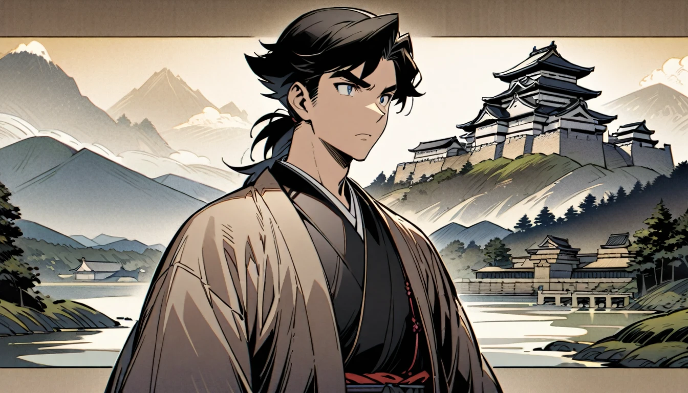 A legendary thief from the Edo period、Portrait style of Ishikawa Goemon。A man wearing a kimono is staring ahead with a sharp gaze.。The background is an old Japanese castle and mountains々A landscape with。