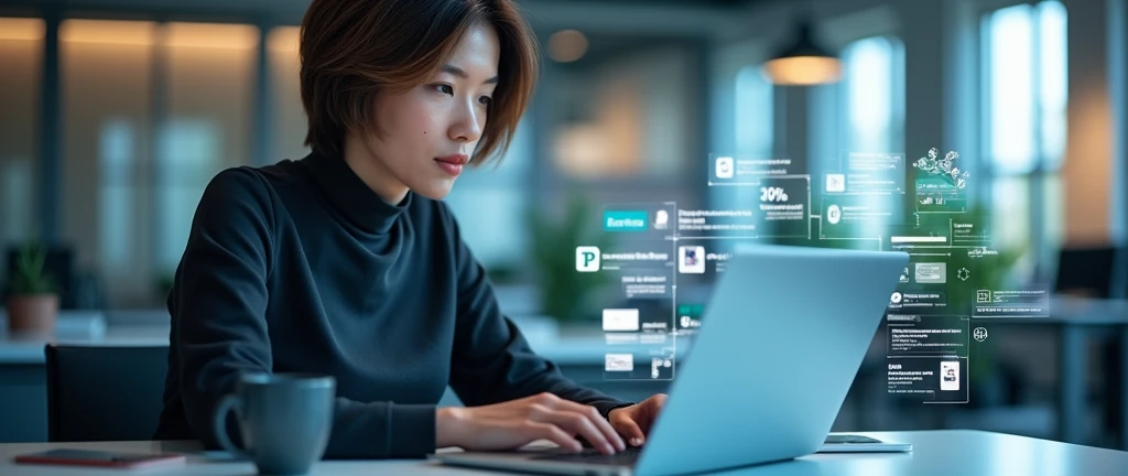 tech-savvy professional, focused woman with short hair, modern office environment, laptop screen displaying project data, augmented reality social media icons, internet of things concept, connected devices, digital overlay, natural lighting, subtle shadows,
