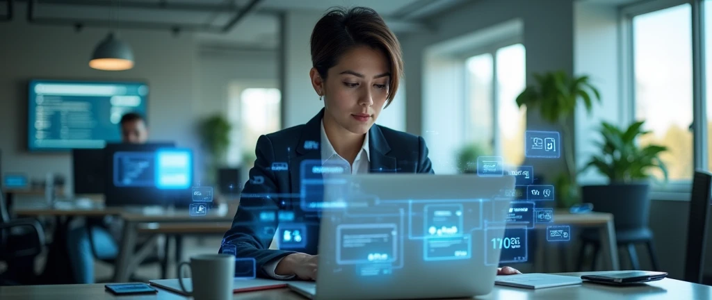 tech-savvy professional, focused woman with short hair, modern office environment, laptop screen displaying project data, augmented reality social media icons, internet of things concept, connected devices, digital overlay, natural lighting, subtle shadows,
