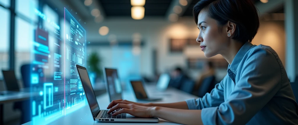 tech-savvy professional, focused woman with short hair, modern office environment, laptop screen displaying project data, augmented reality social media icons, internet of things concept, connected devices, digital overlay, natural lighting, subtle shadows,