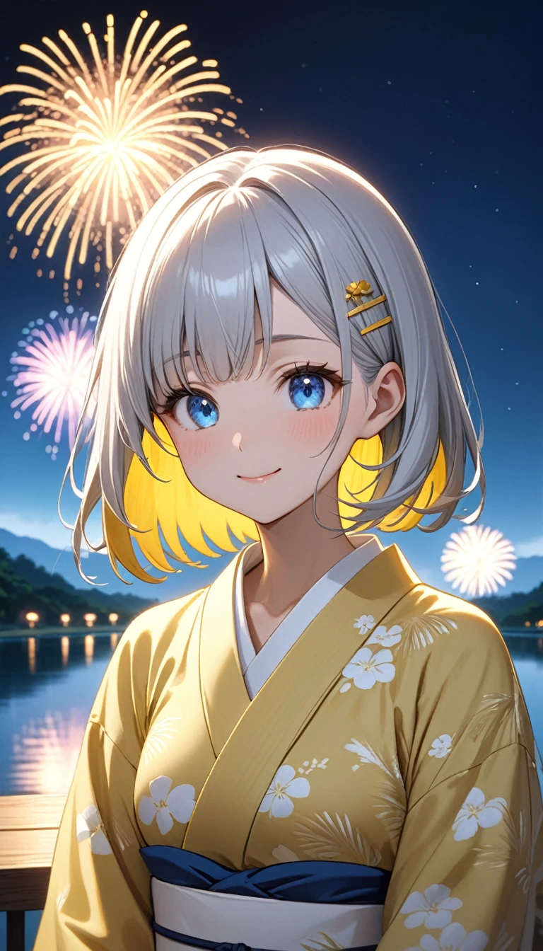 standing in front of a lake with fireworks, Silver bob hair with golden inner color and blue eyes、A cute character wearing a plain yellow yukata with a white obi。There is a yellow hairpin in her hair.、smile。Light up your face in a dimly lit atmosphere。Emotional atmosphere。