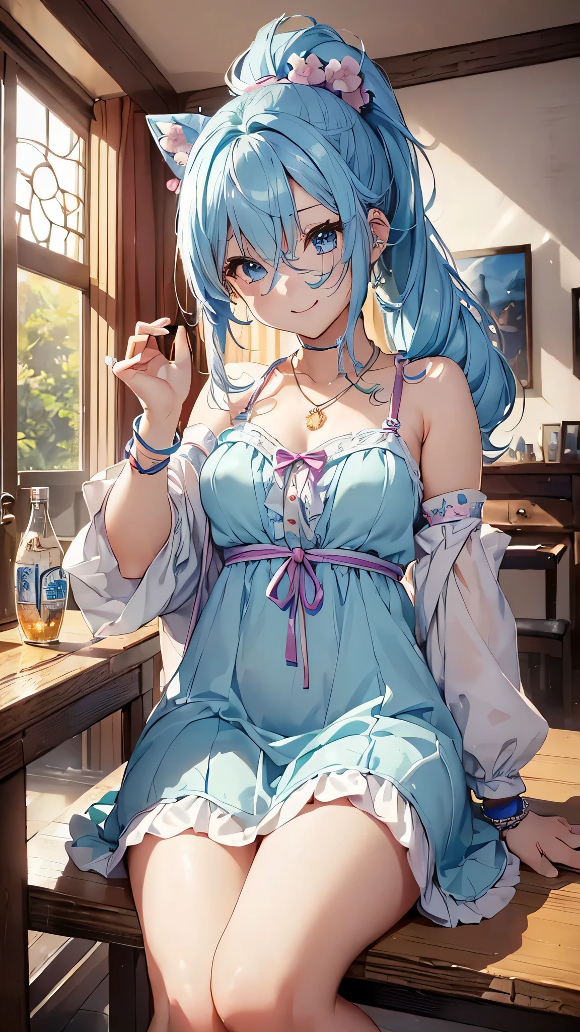 最high quality、Best image quality、masterpiece、With a girl((cute、18-year-old、Best Bust、Medium Bust、Beautiful Blue Eyes、Spread your chest wide,pastel hair、ponytail、Disheveled Hair、thin、Highest Valley、Pastel dress、smile、necklace、Wristband、))high quality、Beautiful art、background((Private room、Pastel Room、Cute Room)),Tabletop、Exquisite design、Visual Arts、Written boundary depth、Best lighting、Highest detail、8k