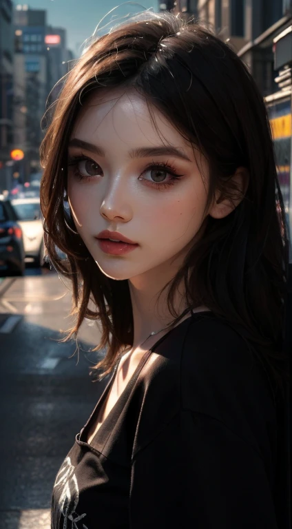 beautiful girl, Half Body Portrait, Short, bright red, messy hair, Black eyeshadow, (Street Style Wear:1.2), (Urban Background:1.2), Heavy makeup, Digital Art, Trending on Art Station, highly detailed, The finer details, Complex, beautiful detailed glow, detailed, Cinematic Light, High resolution, detailed facial features,Sharp focus, Smooth, beautiful,