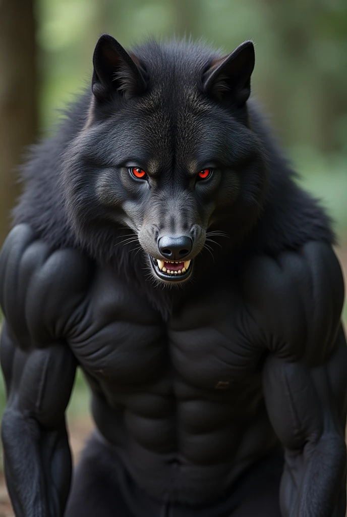 Werewolf, muscular, dad, nude, black fur, red eyes, large penis, looking at the camera smiling