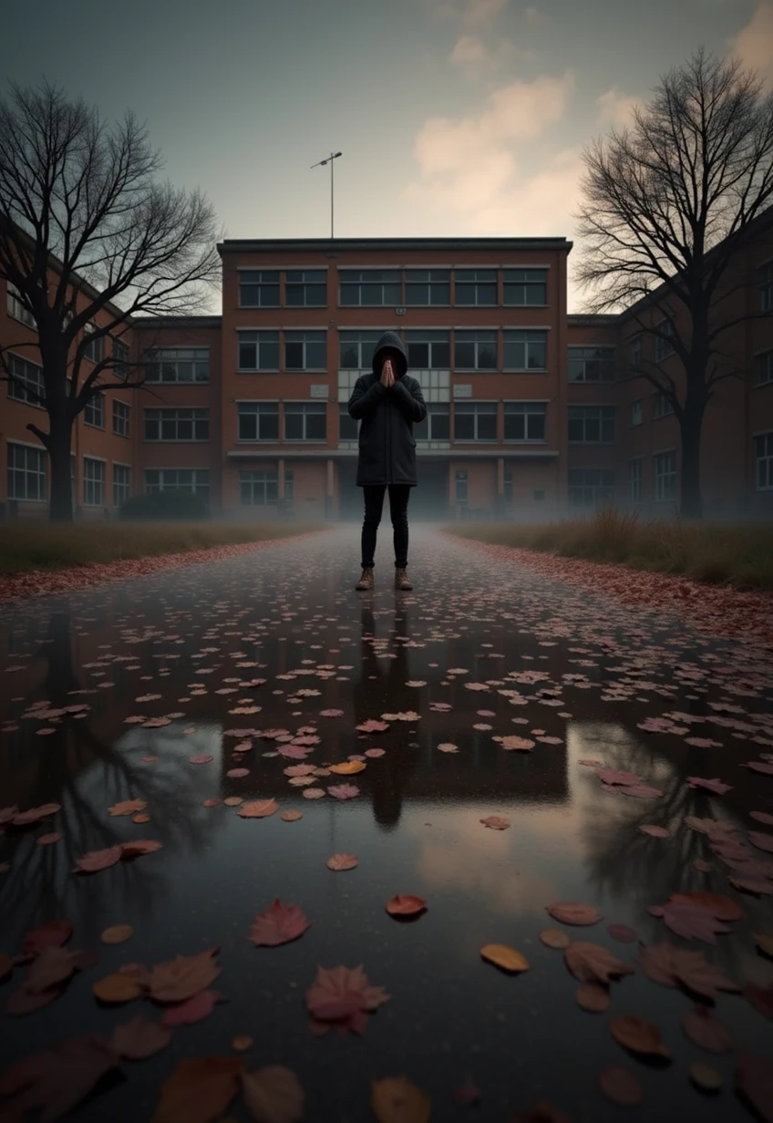 Nightmare、Hallucination、school,The hooded person covers their eyes , The space is distorted、colorful、dreamlike、The colors are so vibrant、The person's shadow is distorted ,Cover your mouth with your hand,The backdrop is a wasteland.