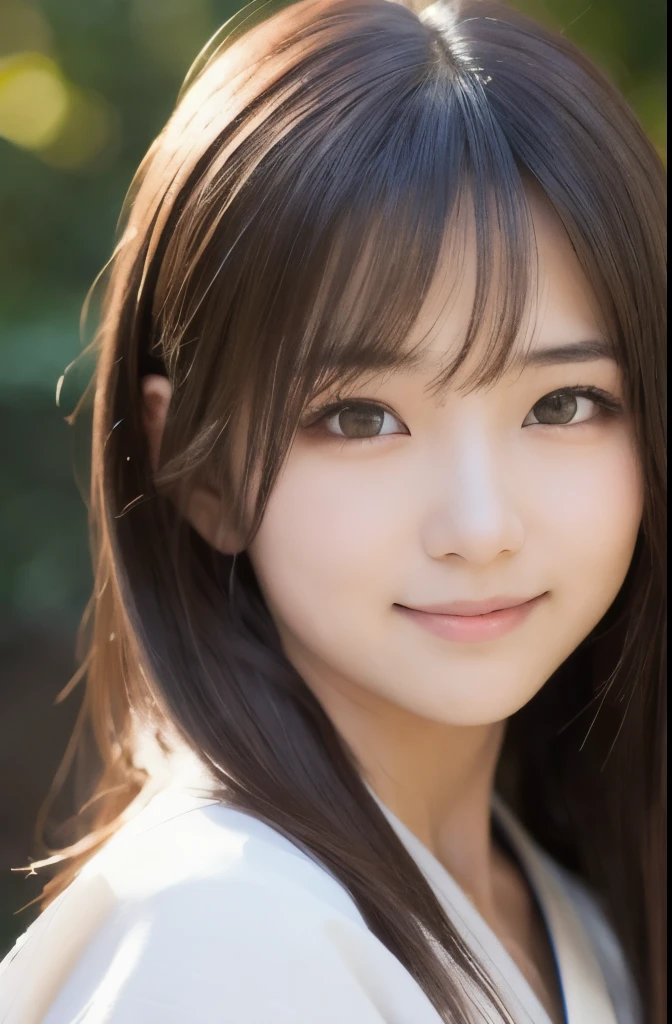 best quality, face focus, soft light, ultra high res, (photorealistic:1.4), RAW photo,(Shinozaki Ai), white skin, kawaii, 1 Japanese girl, solo, cute, (smile), (pupil, lights in the eyes), detailed beautiful face, Medium-sized breasts,(high resolution detail of human skin texture),(long hair),(portrait), upper body, white traditional kimono