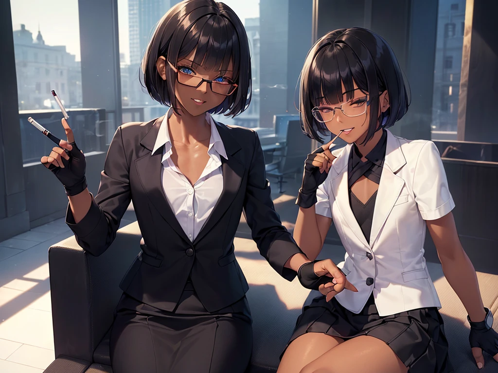 (masterpiece:1.2), highest quality, High resolution, unity 8k wallpaper, (fine and beautiful eyes:1.6), highly detailed face, perfect lighting, Detailed CG, (perfect hands, perfect anatomy:1.3), (1 femmale:1.4), (20 years old femmale:1.4),( black hair:1.3), extremely beautiful detailfeminine face and eyes, (evil smile:1.3), detailed eyes, best quality,( dark skin:1.8), extremely detailed, very precise detailed,(glasses:1.3), (blunt bangs:1.3), open mouth, (very short hair:1.4),(fingerless gloves:1.5), (half closed eyes:1.5),(business suit:1.6),boots,(flat chest:1.4),(Smoking a cigarette:1.2),sitting,(long skirt:1.3)