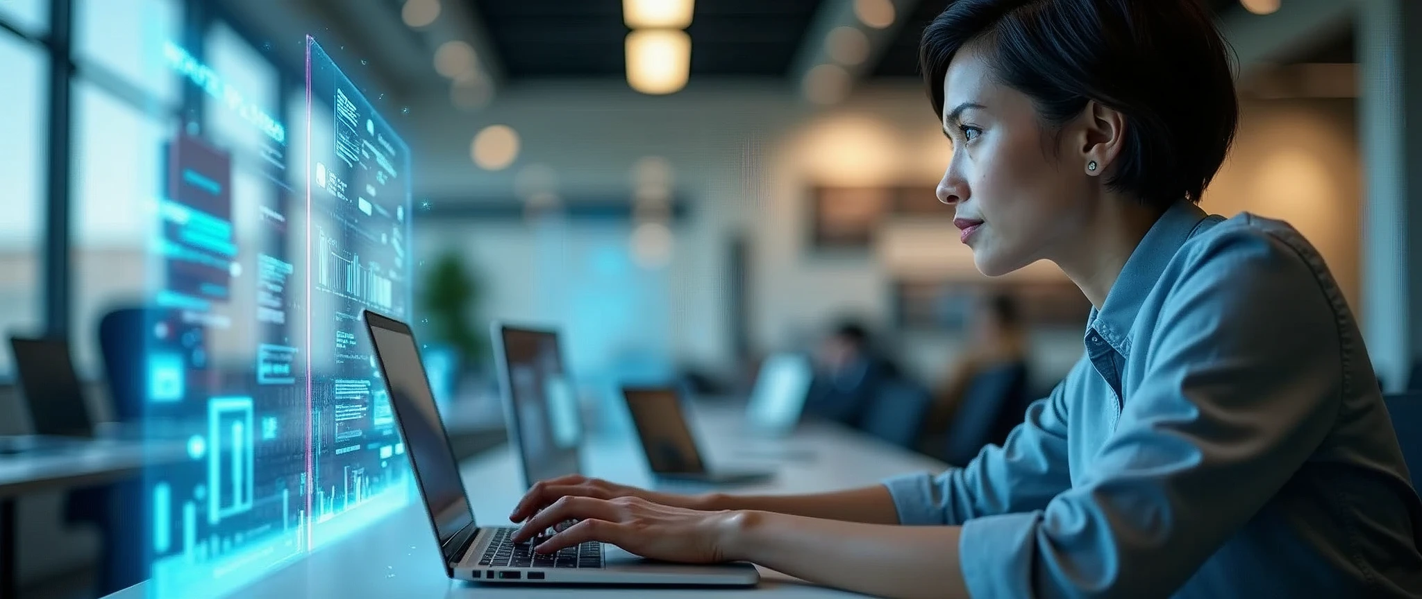 tech-savvy professional, focused woman with short hair, modern office environment, laptop screen displaying project data, augmented reality social media icons, internet of things concept, connected devices, digital overlay, natural lighting, subtle shadows,