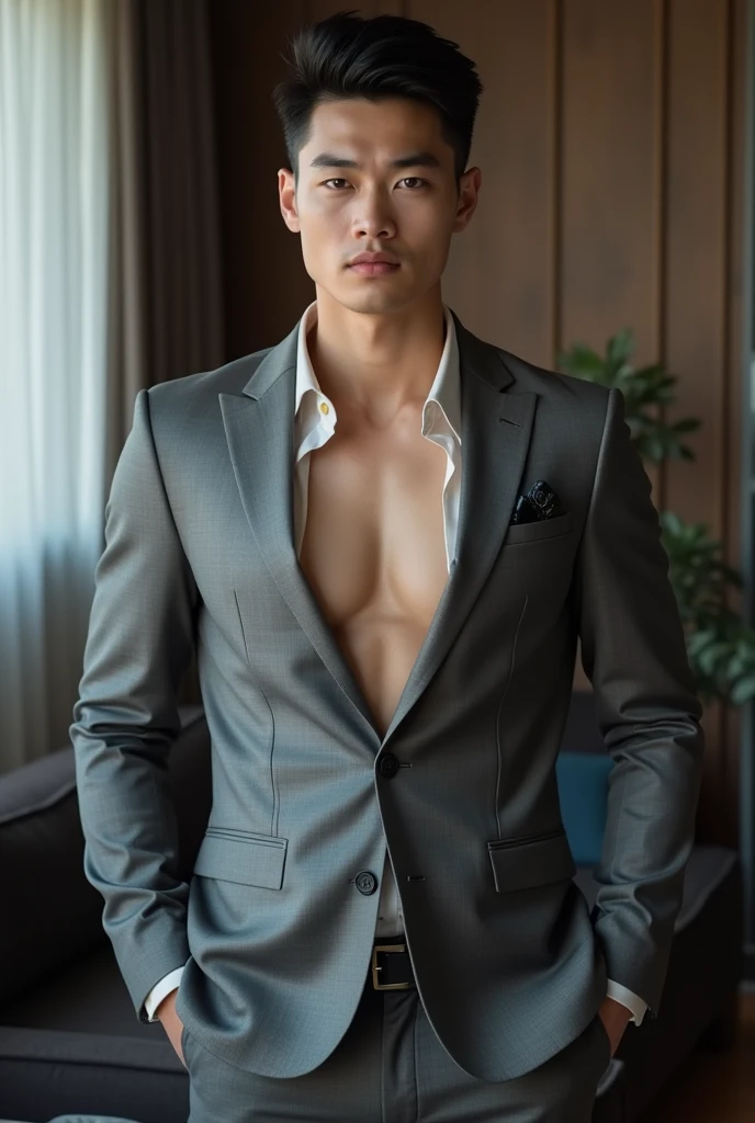 Chinese man handsome 20 years old,daddy,"shiny grey suit ", wear  shirt, open chest shirt, showing off body, toned abs and full chest, very shiny grey pants, clean-shaven with neatly cut hair, Dad was drunk and lie down on the bed,k hd,in the office,"big muscle", gay ,black hair,asia face,masculine,strong man,the boss is,handsome,,leather gloves,lecherous dad,look straight ahead,dad is handsome,dad is handsome ,dad is "horny dad", open shirt, showing off his body, open vest,muscle vein,muscle tendon