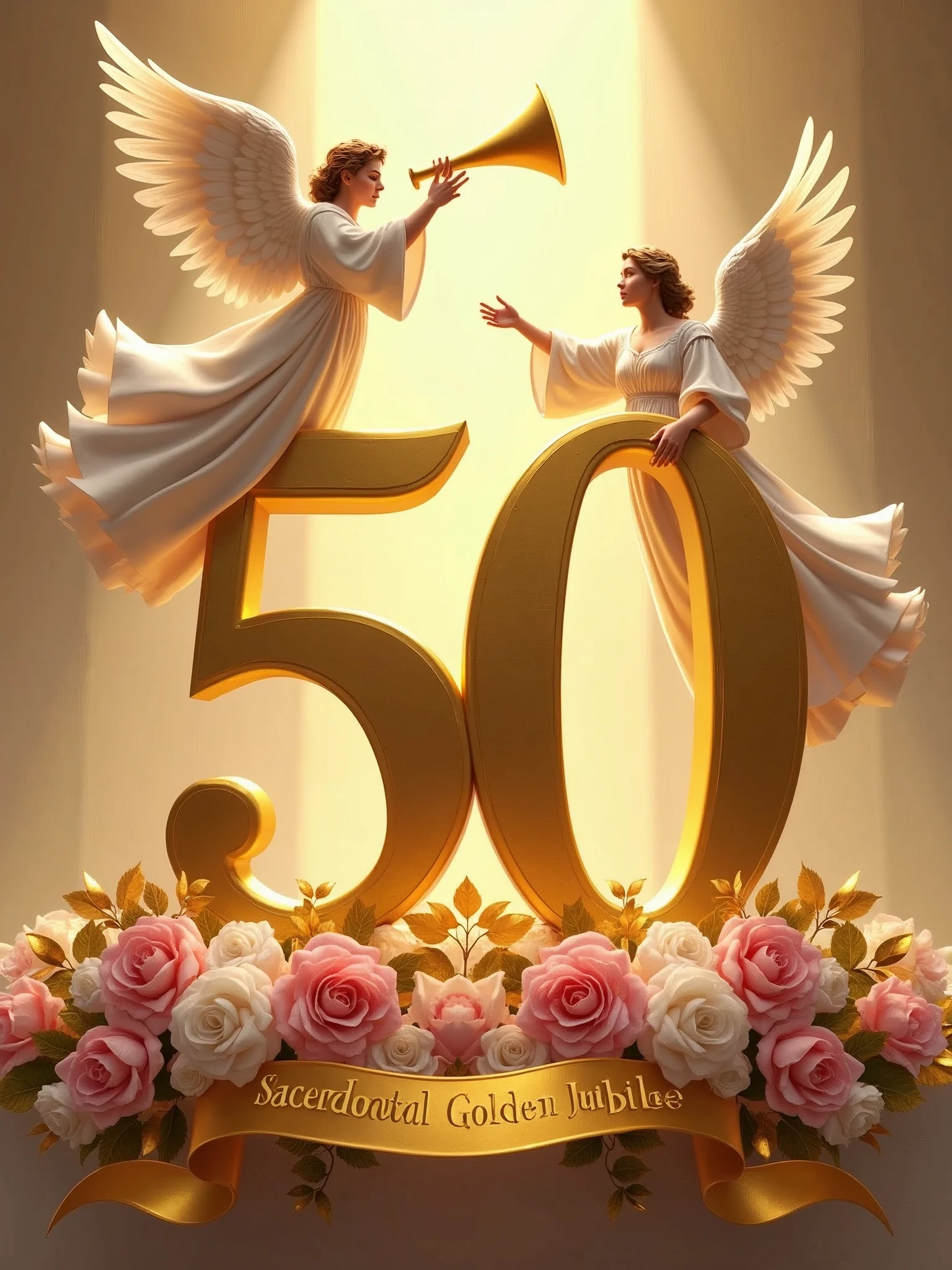 Create a visually stunning and celebratory scene featuring a golden number 50 placed vertically on the left side of the image, lying on a bed of lush bouquets of pink and white flowers with golden leaves. At the top of the number 50, place a majestic angel holding a trumpet, as if heralding a grand announcement. Beside the number 50 on the right, position another angel in a welcoming posture, extending a hand as if inviting others to join the celebration. At the bottom of the image, include an elegant golden ribbon flowing gracefully with the words 'Sacerdotal Golden Jubilee' inscribed in a sophisticated font. Ensure the overall composition exudes a sense of reverence, festivity, and honor.