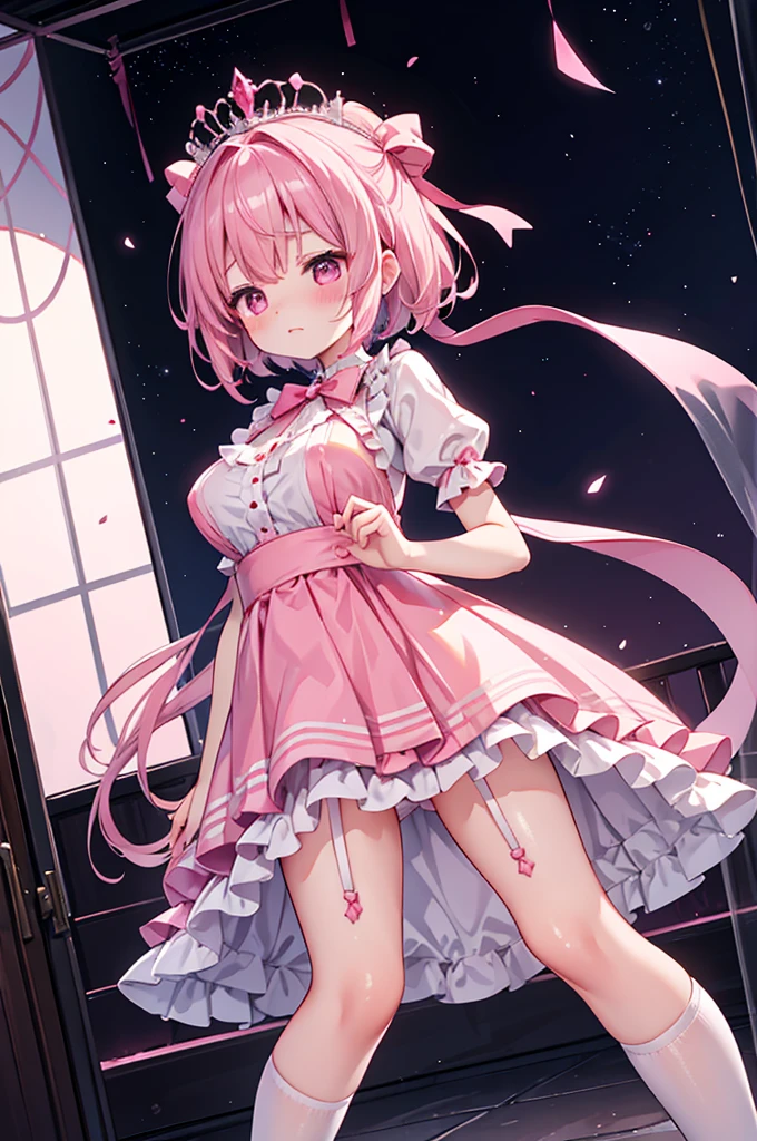 Highest quality、ruffle dress、Shiny silk pink princess dress、micro mini length skirt、Huge red bow with diamonds、Big Puff Sleep、Fancy costumes、Pink ribbon garter belt、Flushed Cheeks、Embarrassed look、panic、Big Breasts、Waterlogged、See-through、String Panties、No bra、White over-the-knee socks、A tiara with a large ribbon、Stand on stage、Transparent staircase、Short Hair、Low - Angle、