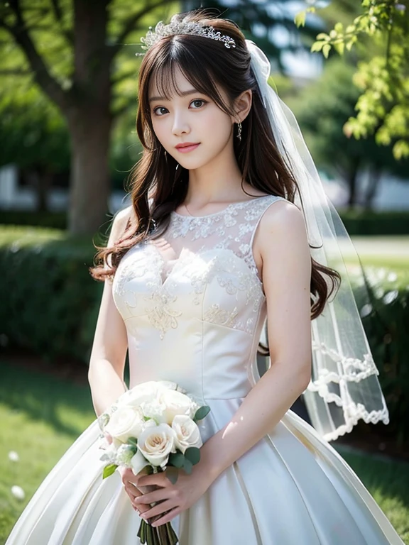 Photo-realistic quality、a woman in a Wedding dress holding a bouquet of flowers、Standing in front of the church、20 year old Japanese model、白のWedding dress,Hanae Mori style wedding dress、Japan idols at 20 years old、lace prom dresses、looking at the camera、Detailed and beautiful eyes、Cute smile、Relaxed and gentle expression、a close up of a woman in a Wedding dress holding a bouquet, Wedding dress, So magical and dreamy、Blur the background a lot、300mm F2.Shot with 8 lenses