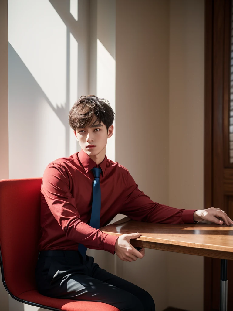 young man,short hair,Red long-sleeved shirt,Blue tie,Black baggy trousers,sitting on the table,natural light