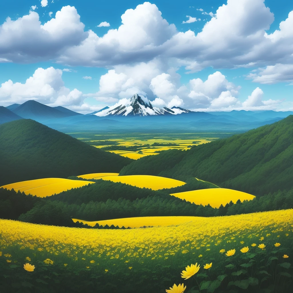 Blue sky White cloud The large, expansive forest in the distance Bluish mountain々 The top half of the screen is empty The yellow flower field in the foreground Illustration Style