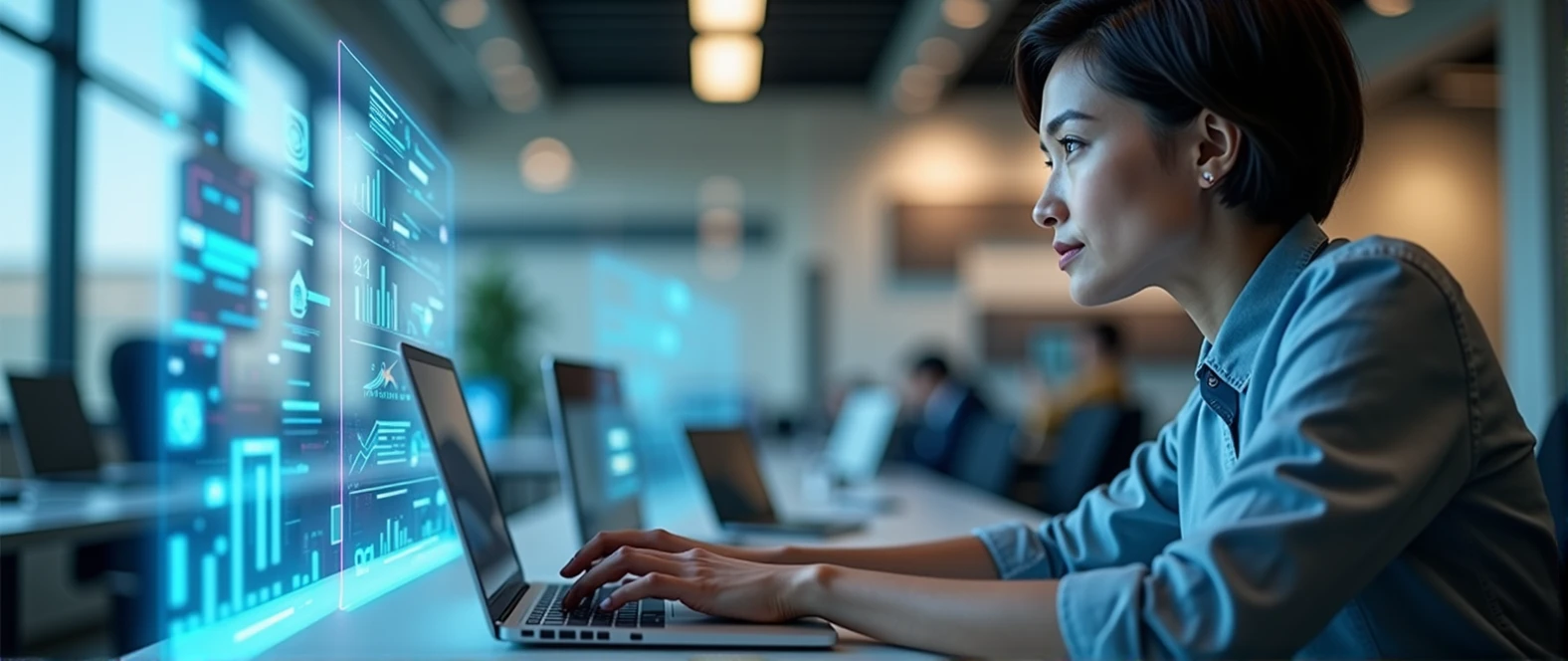tech-savvy professional, focused woman with short hair, modern office environment, laptop screen displaying project data, augmented reality social media icons, internet of things concept, connected devices, digital overlay, natural lighting, subtle shadows,