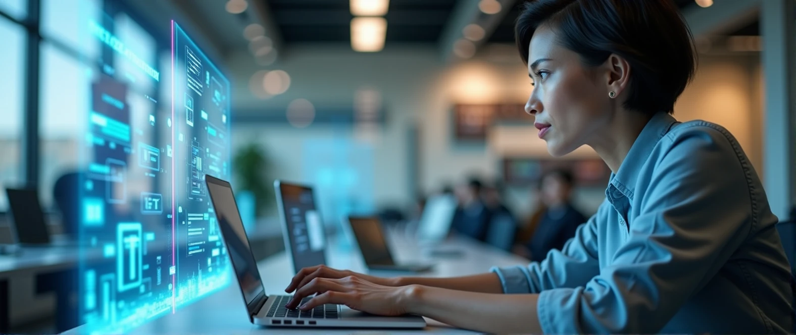 tech-savvy professional, focused woman with short hair, modern office environment, laptop screen displaying project data, augmented reality social media icons, internet of things concept, connected devices, digital overlay, natural lighting, subtle shadows,