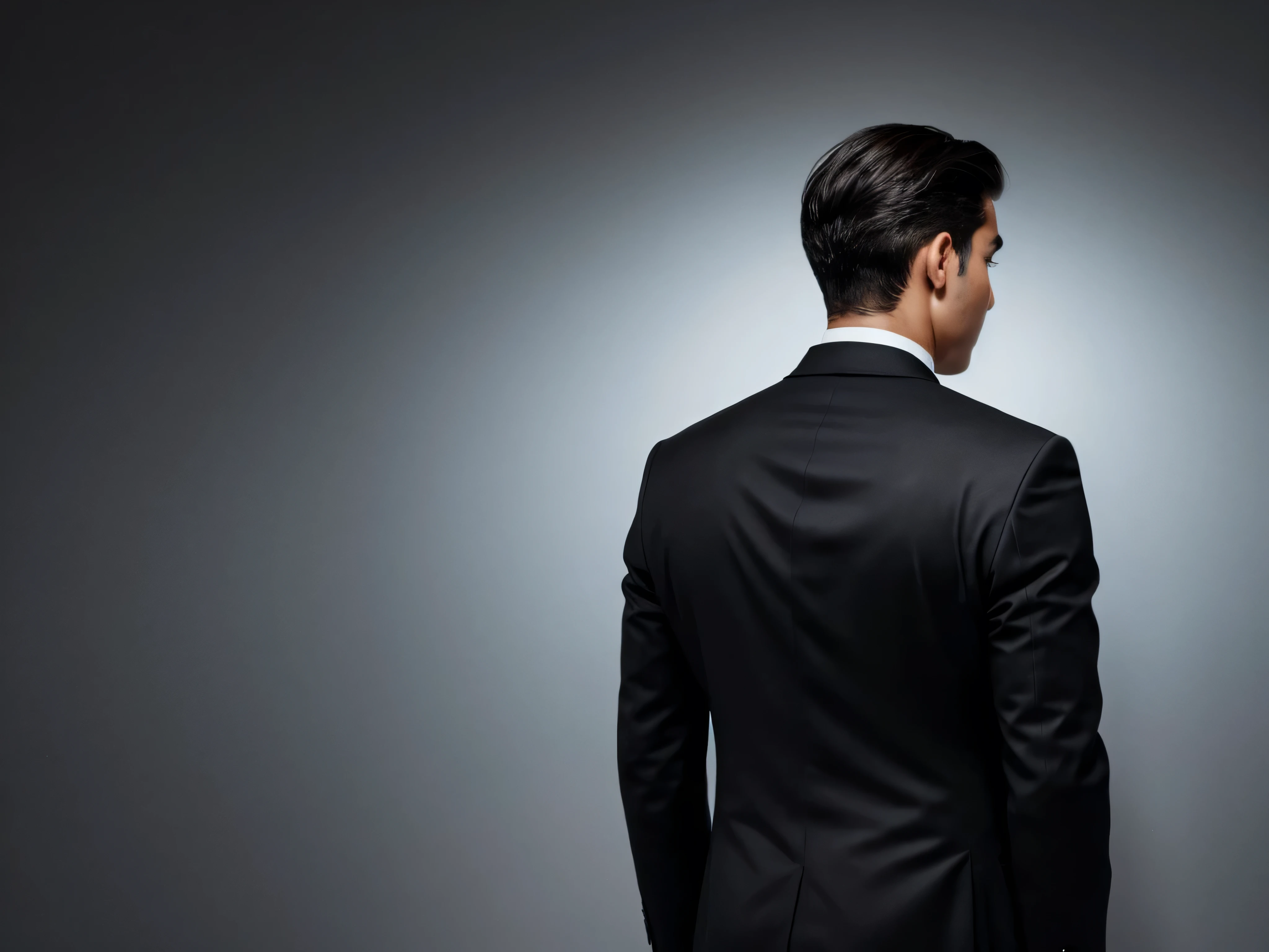 Make a 18 year old Hungarian with blurred face because he is unknown. Wavy higgledy-piggledy dark brown (almost black hair) haried investor and business-man. He wears black suit and a watch. The background is full white. It's a half-body profile picture of him. He is a millionaire. He shows his back to the camera. Don't show his face, he is unknown. Blur his face. BLUR THE FACE