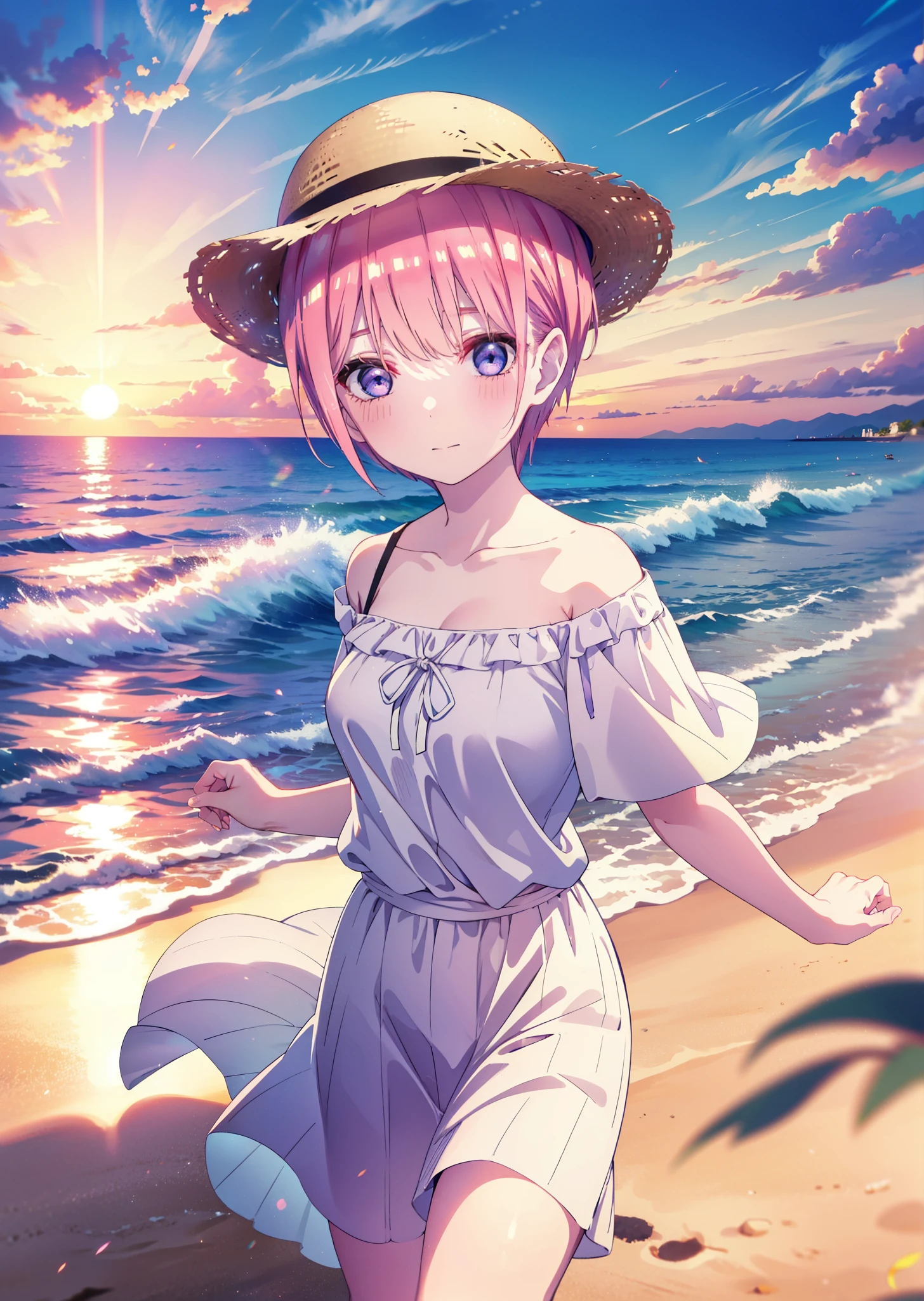 ichikanakano, Nakano Ichika, short hair, bangs, blue eyes, Hair between the eyes, Pink Hair, smile,blush,Open your mouth,Straw hat,White off-shoulder dress,Short sleeve,Long skirt,barefoot,Walking,sunset,evening,The sun is setting,Strolling on the sandy beach,
break outdoors, Beach,
break looking at viewer, whole body,
break (masterpiece:1.2), Highest quality, High resolution, unity 8k wallpaper, (figure:0.8), (Beautiful attention to detail:1.6), Highly detailed face, Perfect lighting, Highly detailed CG, (Perfect hands, Perfect Anatomy),
