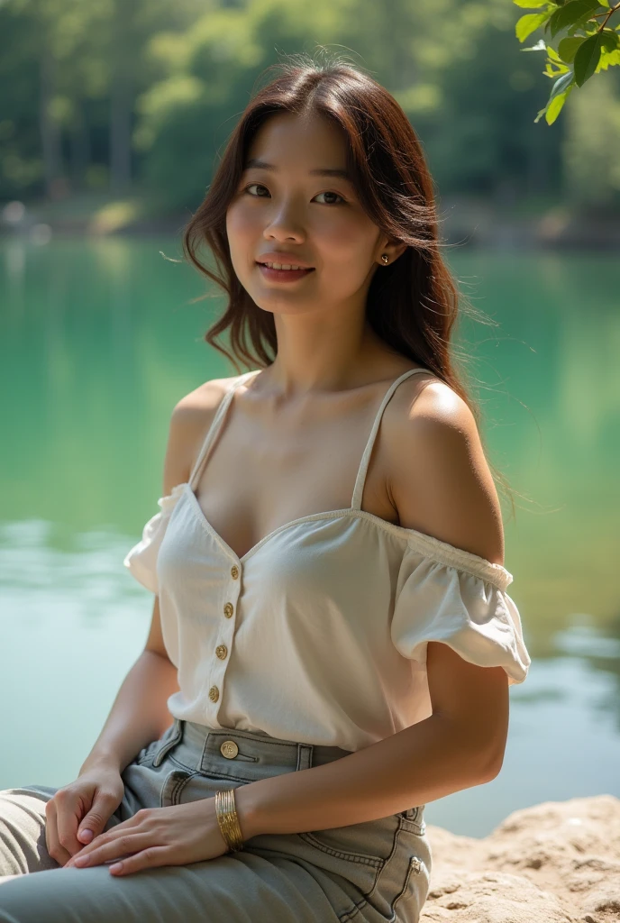 a photo of a 22 year old short busty (colossal breasts:1.3) woman wearing plain comfortable clothes lakeside.