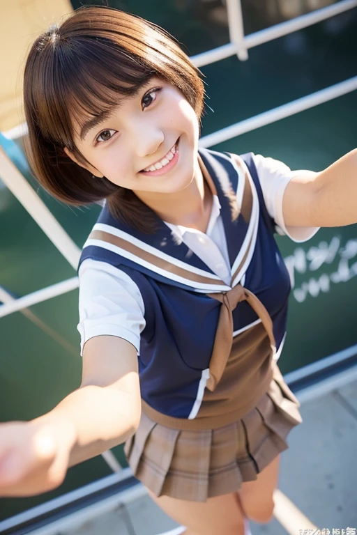 masterpiece, Highest quality, Realistic, Very detailed, finely, High resolution, 8k wallpaper, Professional, High level of detail, (( high school girl:1.2)), Slender Japanese women,, Collarbone Detail, Center of chest、Perfect Face, (positive:1.2)、(Cute Short Hair:1.5), Chestnut Hair、(school uniform:1.5)、(Navy blue swimsuit:1.2)、Cute Face、(Brown Skin:1.5)、Full Body Shot、(Front camera angle:1.5)、(Cute Smile:1.5)、Balanced Professional Portion、Lift up the skirt、You can see inside her skirt
