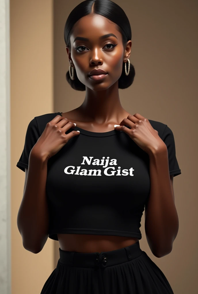 Create a beautiful lady model putting on a black round neck top with the inscription Naija Glam Gist