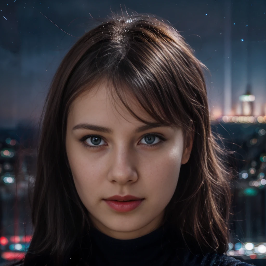 1girl, heterochromia, star \(sky\), blue eyes, space, water, bodysuit, breasts, solo, looking at viewer, ocean, starry sky, planet, sky, horizon, earth \(planet\), hair between eyes, bangs, city lights, lips, pink hair, upper body