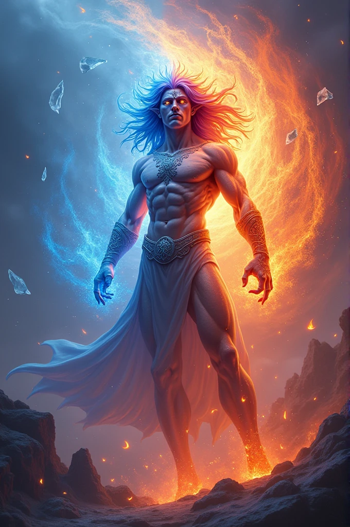 Create a god of fire and Ice mainly with a blue red and purple color palette