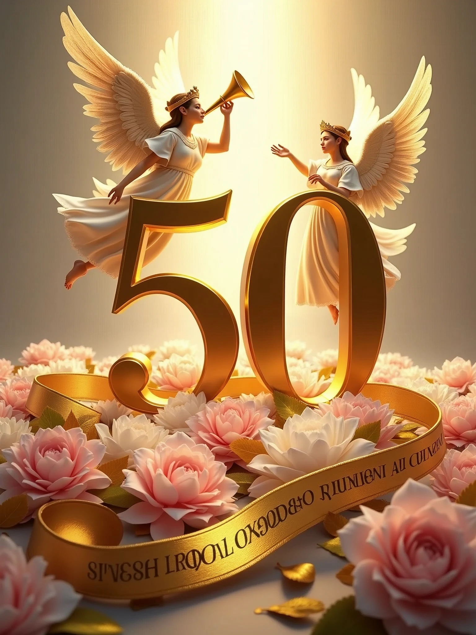Create a visually stunning and celebratory scene featuring a golden number 50 placed vertically on the left side of the image, lying on a bed of lush bouquets of pink and white flowers with golden leaves. At the top of the number 50, place a majestic angel holding a trumpet, as if heralding a grand announcement. Beside the number 50 on the right, position another angel in a welcoming posture, extending a hand as if inviting others to join the celebration. At the bottom of the image, include an elegant golden ribbon flowing gracefully with the words 'Sacerdotal Golden Jubilee' inscribed in a sophisticated font. Ensure the overall composition exudes a sense of reverence, festivity, and honor.