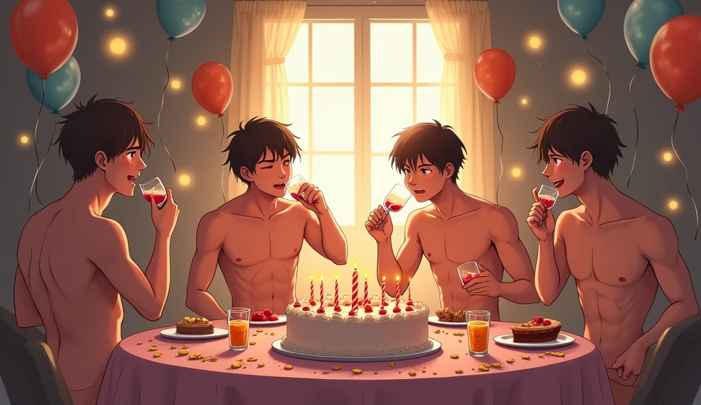 The image must be in anime and + 18 at a birthday party several boys are having sex and having fun the place they are in is a room with food, balloons and a big cake eaten and teenagers having sex completely naked and all male