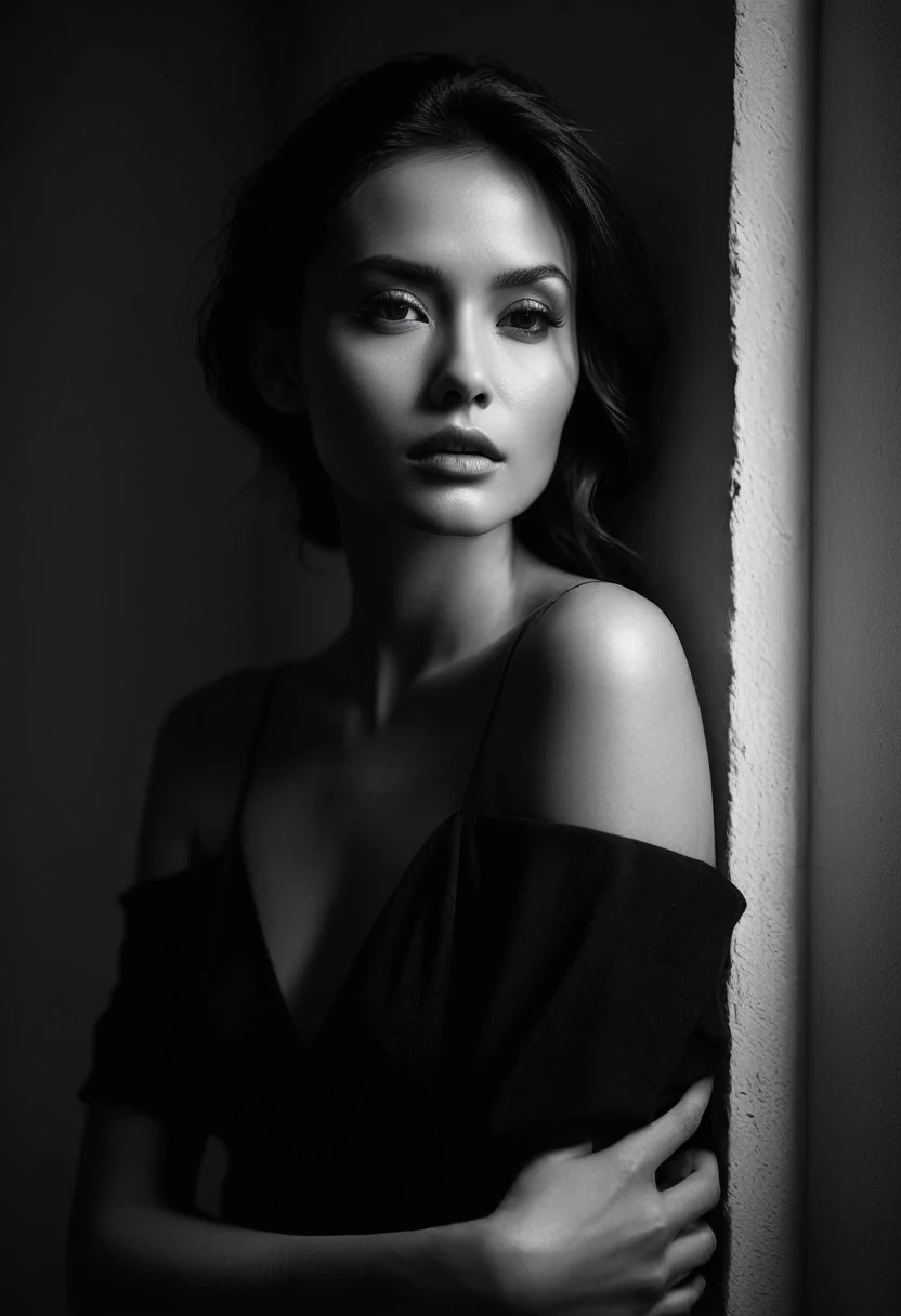 woman bathed in soft light, leaning against a wall, looking into the camera in a moment of raw emotion. Her attire is minimal, accentuating her beauty with the dramatic shadows cast by the lighting. The background is stark, with sharp contrasts highlighting the contours of her form. The red and black palette intensifies the mood, evoking a sense of mystery and allure. Subtle film grain and meticulous shading add depth and texture, emphasizing the emotional gravity of the scene. The lighting creates a chiaroscuro effect, accentuating her expressive pose and the intense atmosphere.

