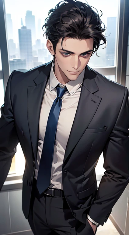 (Highest quality,4K,8K,High resolution,masterpiece:1.2),Super detailed,(Realistic,photoRealistic,photo-Realistic:1.37),1 person,31 years old,Mature Man,Beautiful skin、Profile、very handsome,Expressionless,smile,Short gray black hair,blue eyes,Sharp Eyes,A perfect face without a doubt,Businessman,Office Background,Cinema Lighting,HDR image,tie、