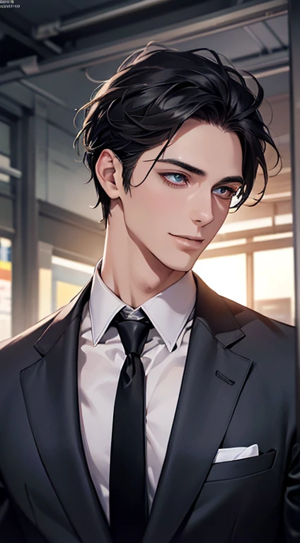 (Highest quality,4K,8K,High resolution,masterpiece:1.2),Super detailed,(Realistic,photoRealistic,photo-Realistic:1.37),1 person,31 years old,Mature Man,Beautiful skin、Profile、very handsome,Expressionless,smile,Short gray black hair,blue eyes,Sharp Eyes,A perfect face without a doubt,Businessman,Office Background,Cinema Lighting,HDR image,tie、